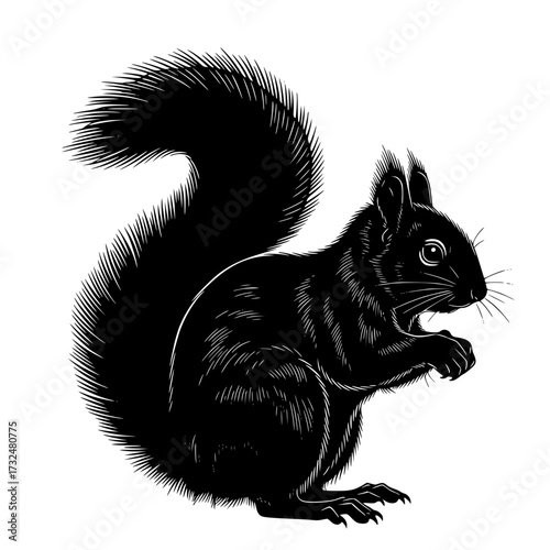 Vector art of black silhouette of squirrel with bushy tail and alert posture