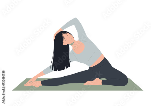 Yoga stretching action home digital minimalist style side view health and wellness concept
