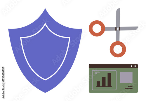 Blue shield, scissors with red handles, and web analytics panel with bar charts. Ideal for data protection, content moderation, digital safety, access restriction, cybersecurity, risk management