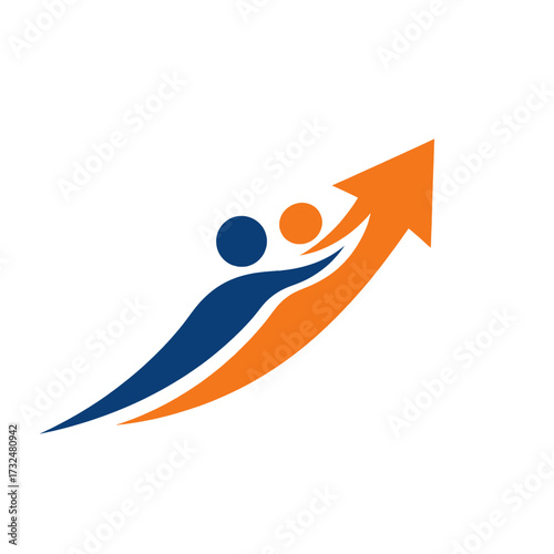 Teamwork and growth concept with upward arrow and people.