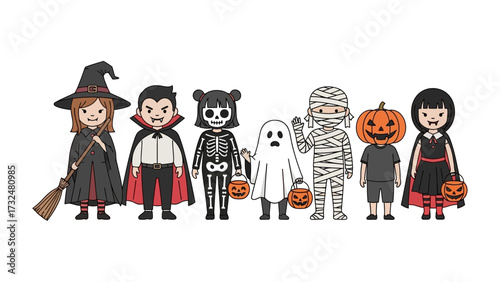 Halloween Characters Illustration: A delightful array of illustrated Halloween characters, each uniquely adorned in their spooky best, stands together.