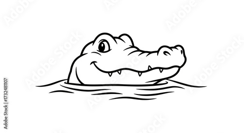 Friendly alligator cartoon floating on water with a big smile in monochrome style