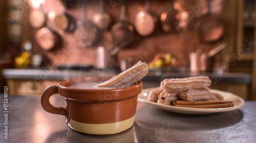 Spanish National Day Delight: A Steaming Clay Cup of Rich Hot Chocolate Accompanied by Sugar - Dusted Churros and Cinnamon Sticks, Set in Warm Terracotta Tones with a Cozy Kitchen Ambiance