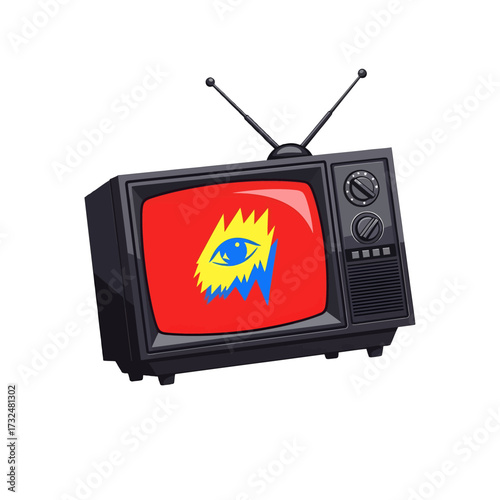 Retro television displaying abstract eye art on screen.