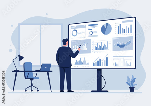 Data analysis action by business professional in modern office digital dashboard environment informative visualization