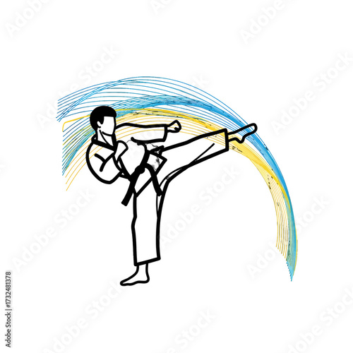 Taekwondo Athlete Kicking High With Colorful Artistic Background.