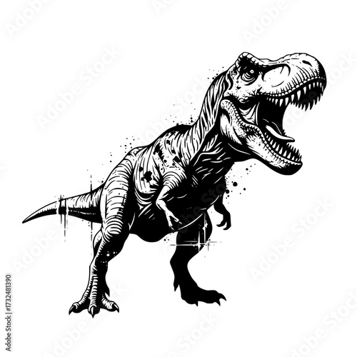 Vector art of black and white illustration of roaring tyrannosaurus rex