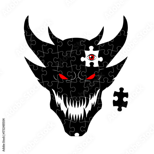 Dark demon puzzle with red eyes and missing piece.