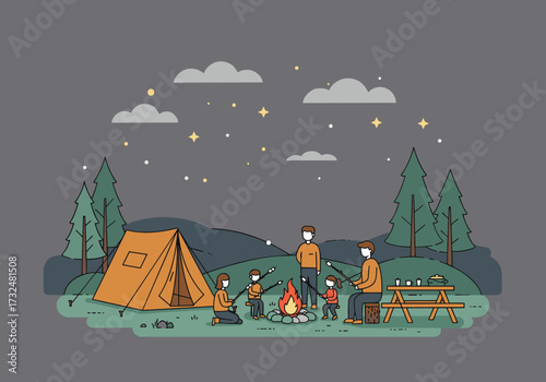 Family campfire gathering outdoor campsite digital serene nature evening view adventure and togetherness