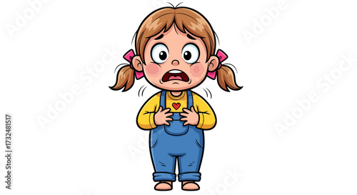 Illustration showing a cartoon girl in overalls with a frightened expression on her face