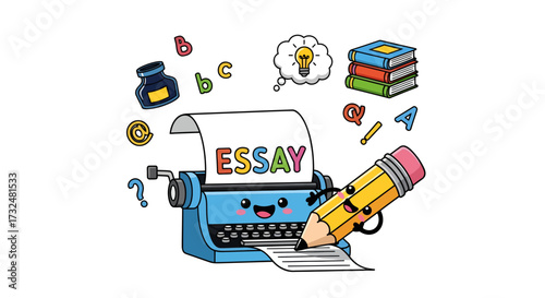Illustrative cartoon design featuring a playful typewriter crafting an essay masterpiece