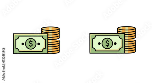 Illustrative depictions of monetary currency showcasing a stack of coins and paper bills