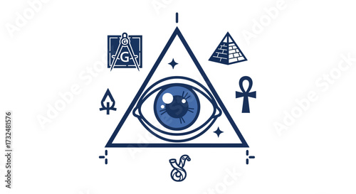 Illustrative emblem featuring eye in triangle with masonic and ancient symbols design