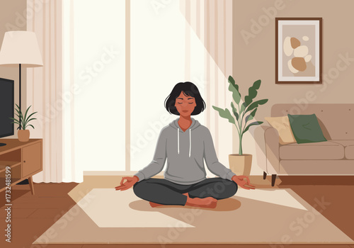 Meditation practice in cozy living room environment inner peace mindfulness home atmosphere relaxation