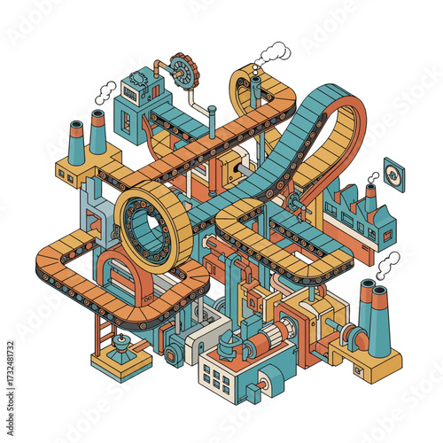 Intricate industrial factory illustration with complex machinery and processes.