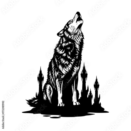 Vector art of majestic wolf silhouette howling at moon with mountainous background art