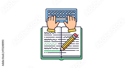 Modern workplace illustration showcasing hands on keyboard, notes, and a pencil, signifying