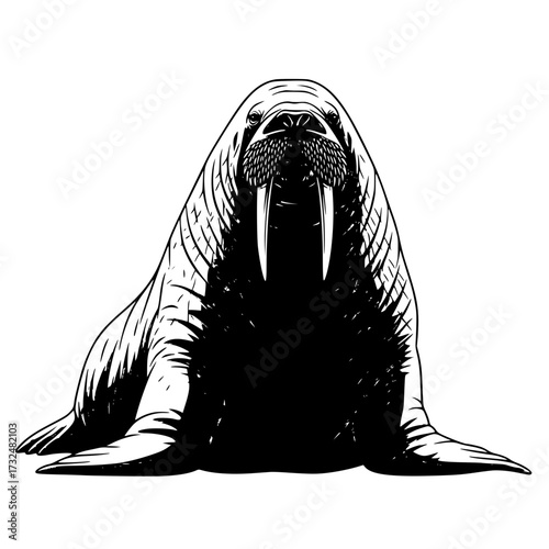 Vector art of black and white illustration of a walrus with large tusks