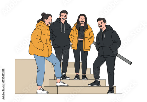 Friends smiling together on steps urban setting casual atmosphere eye-level perspective youthful vibes