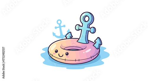 Playful nautical cartoon, a cute anchor afloat a smiley inflatable tube on ripples