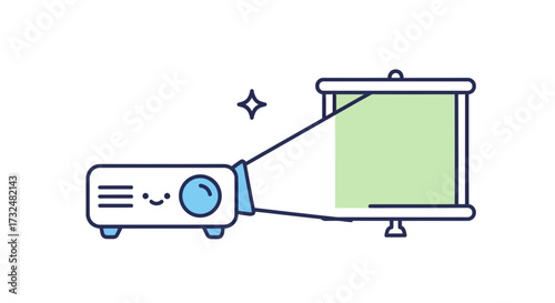 Playful projector radiating light toward a retractable screen, against a simple white backdrop