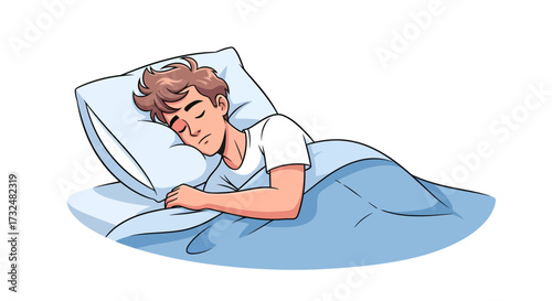 Serene slumber cartoon depiction showcasing a person resting peacefully in blue bedding