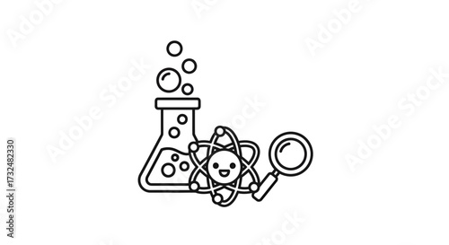 Scientific exploration icon featuring beaker, atom, and magnifying glass design