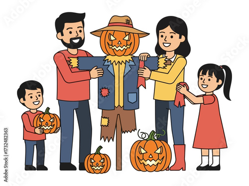 Autumn Family Fun: A cheerful family, brimming with excitement, gathers around a pumpkin-headed scarecrow in a lively illustration, ready to embrace the autumn season and the spirit of Halloween. 