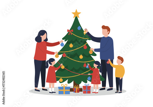 Family decorating christmas tree together home interior digital joyful atmosphere warm setting