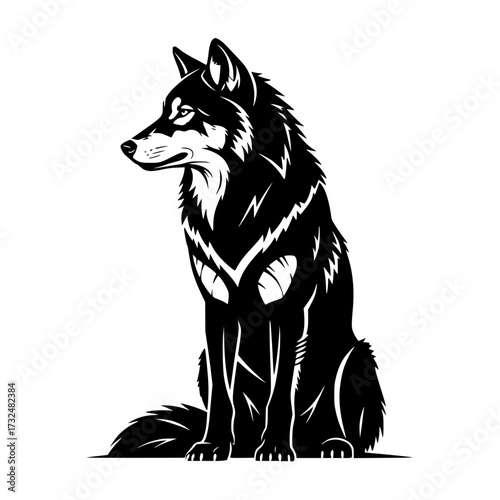 Vector art of majestic black wolf illustration with detailed fur and intense gaze