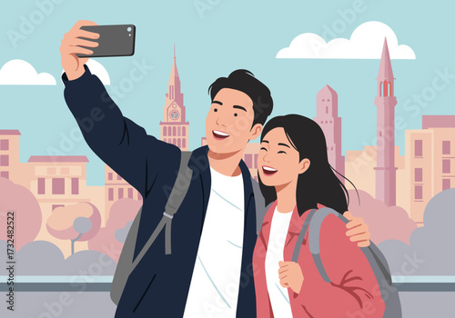 Couple taking selfie at iconic landmark urban setting digital bright joyful concept