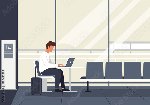 Remote working professional at airport lounge digital workspace modern interior contemporary view productivity focused