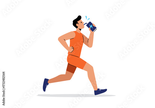 Running athlete hydrating with sports drink urban park digital bright colors action-oriented concept