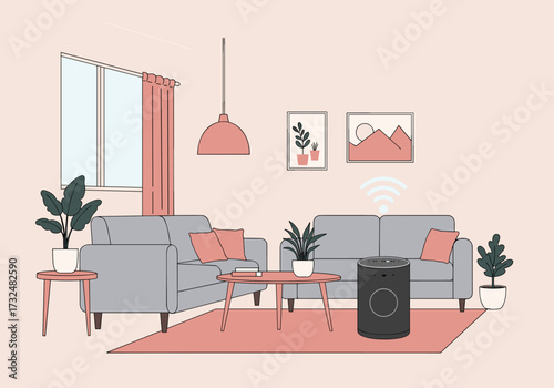 Smart home technology cozy living room digital modern interior aesthetic design connectivity and comfort