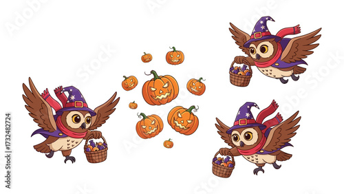 Halloween owl with pumpkins: An adorable illustration features a charming owl, adorned in a witch's hat and scarf, carrying a jar of spooky sweets and surrounded by carved jack-o'-lantern pumpkins.