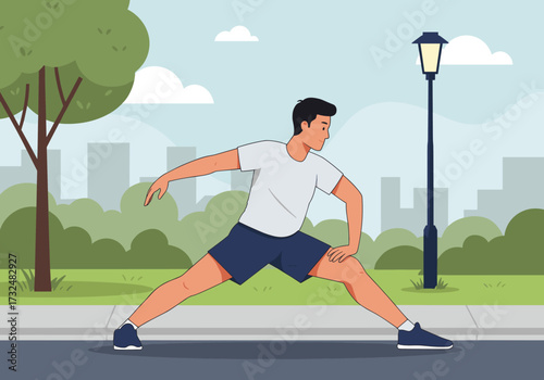 Dynamic stretching routine for fitness enthusiasts in urban parks animated outdoor environment side view
