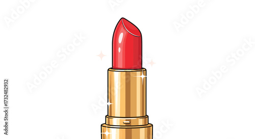Vibrant red lipstick with a gleaming gold case on a clean white backdrop style illustration