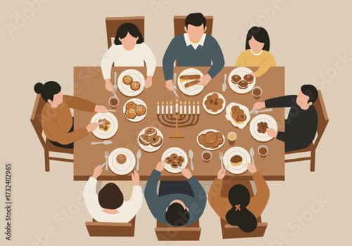 Family gathering with festive dinner cozy home setting warm atmosphere aerial view celebratory meal