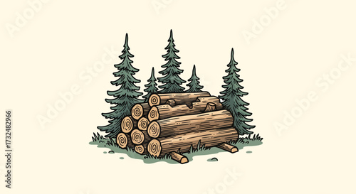 Vintage illustration of felled logs stacked in a serene forest clearing view