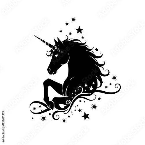Vector art of elegant black unicorn silhouette with swirling stars and decorative flourishes