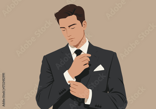 Dapper man adjusting cufflinks setting digital minimalist style fashion concept