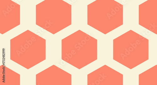 Geometric pattern of coral hexagons with an ivory grid overlay
