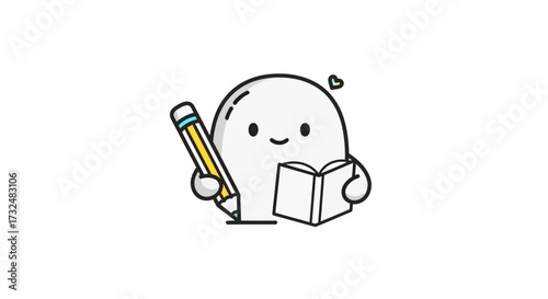 Whimsical cute character drawing with pencil and book on a white background illustration