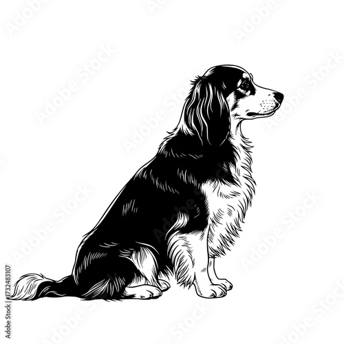 Vector art of black and white line art illustration of a dog sitting