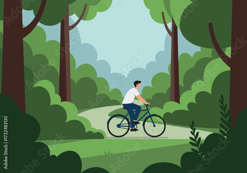 Cycling through serene forest trails nature scene peaceful environment side view outdoor adventure