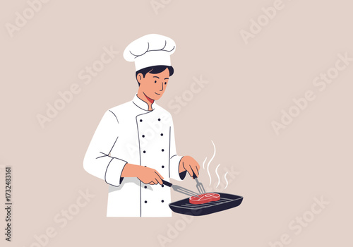 Chef cooking steak in kitchen culinary professional environment view food preparation concept