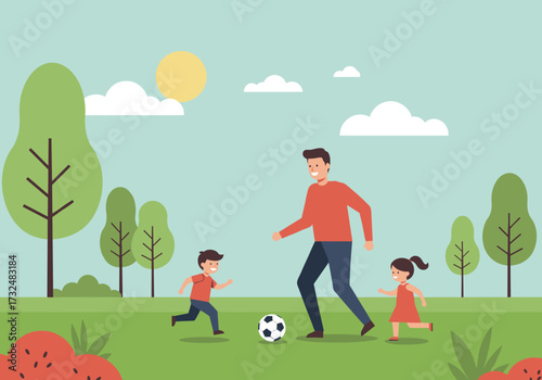 Playing soccer with kids in a sunny park illustrative bright and cheerful environment