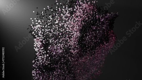 Flow particles 3d animation shows a cluster of many black white and pink spheres moving. 