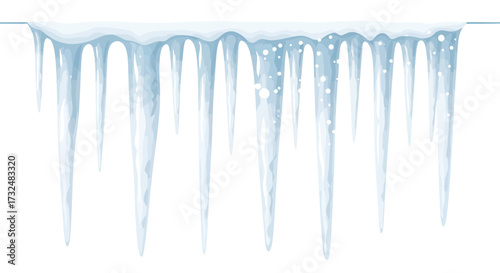 Winter's frigid artwork: A glistening formation of sharp icicles on white background