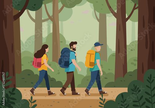 Hiking adventure in lush forest trails nature exploration outdoor activity scenic environment group perspective